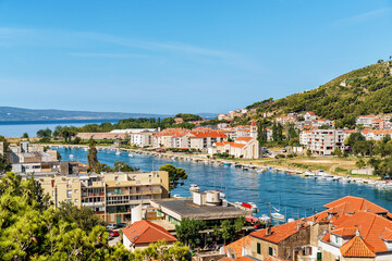 Naklejka na ściany i meble Panorama with Cliffs and Cetina River with Adriatic Sea Omis