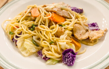 Nice fried spaghetti with pork and vegetable