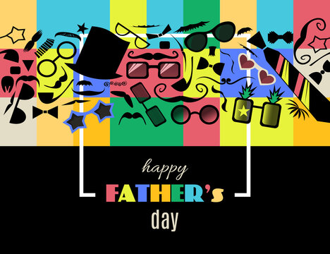 Happy Father's Day greeting card with horizontal border pattern from father's attributes. Modern design template. Vector illustration