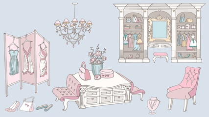 dressing room, fashion, blue pink