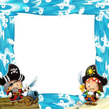 Water / wave frame with fighting pirates - illustration for children