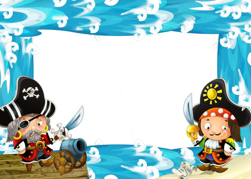 Water / wave frame with fighting pirates - illustration for children