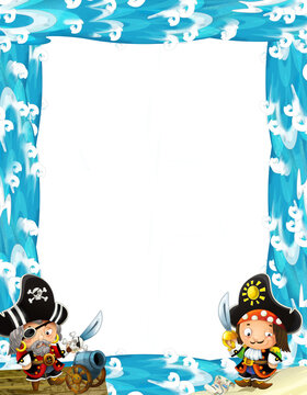 Water / Wave Frame With Fighting Pirates - Illustration For Children