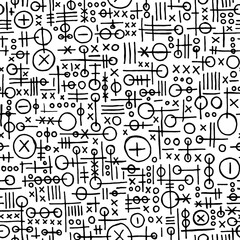 Vector abstract black and white background. Seamless hand drawn pattern with circle, cross, line shapes. Ornament for use in design, web site, packing, textile, fabric