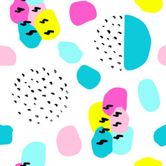 Pattern of trendy geometric elements. Retro style backgroound. Black and colorful brush strokes. Fresh summer design. Memphis card. For textile, paper, cover, banner, stationary, web pages.