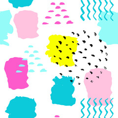 Pattern of trendy geometric elements. Retro style backgroound. Black and colorful brush strokes. Fresh summer design. Memphis card. For textile, paper, cover, banner, stationary, web pages.