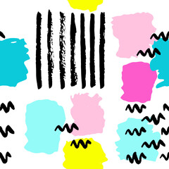 Pattern of trendy geometric elements. Retro style backgroound. Black brush strokes and bright blots. Fresh summer design. Memphis card. For textile, paper, cover, banner, wallpaper, stationary.