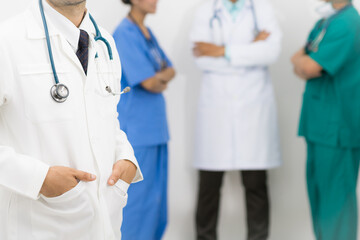 Doctors group, surgeon and nurse on white background