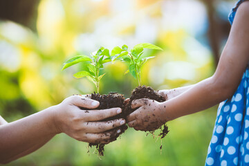 Child little girl and parent holding young plant in hands together as save world concept in vintage color tone