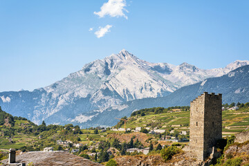 Fototapeta na wymiar Majorie Castle with Haut Cry mountain in Sion Valais Switzerland