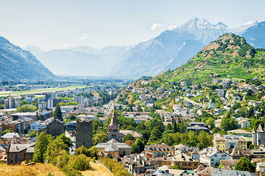 City landscape with Notre Dame Cathedral Majorie Tower Sion