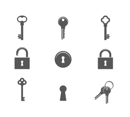 Key. Icon set. Abstract keys and padlocks on white background