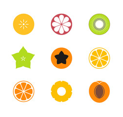 Cut fruit. Icon set. Exotic fruit on white background