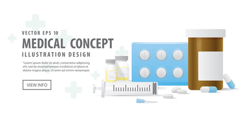 Banner capsule bottle and Pills medicine panel and Injection needle illustration vector on white background. Medical concept.