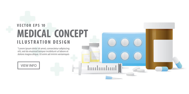Banner capsule bottle and Pills medicine panel and Injection needle illustration vector on white background. Medical concept.