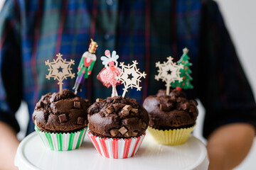Chocolate muffins with christmas decoration