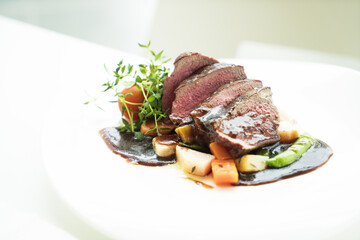 Deer steak in restaurant