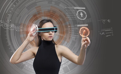 Woman touching the virtual future interface