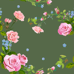 Vector square floral seamless pattern with pink rose, carnation, blue flowers forget-me-nots, buds, green stems, leaves on dark green background, illustration for fabric, wallpaper, wrapping, vintage