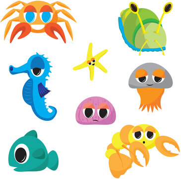 Collection of Cartoon Sea Creatures, Seahorse, Crab, Jelly Fish