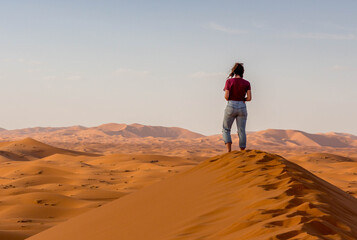 Fototapeta na wymiar Frau sieht in die Weiten der Sahara Wüste