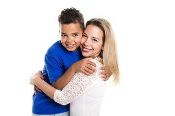 black boy with her mother, isolated on white background