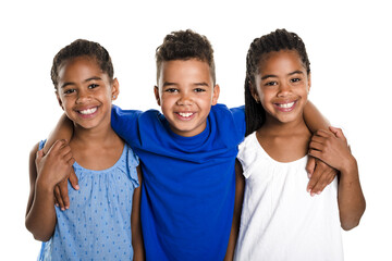 portrait of happy three black childrens, white background