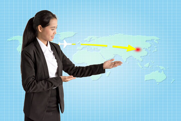 Portrait of asian businesswoman showing airlines, planes over world map