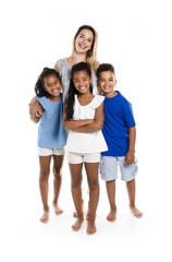 Afro twin child and boy posing on a white background studio with white mother