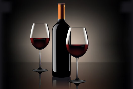 Two glasses of wine and bottle over beige background. Vector.