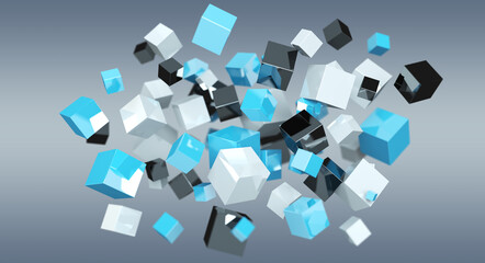 Floating blue shiny cube network 3D rendering