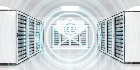 Emails flying over server room data center 3D rendering