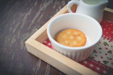 Butter cookie or butter biscuit served with hot coffee.(selective focus, vintage effect)