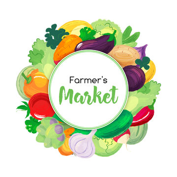 Round banner for farmers markets and menu with vegetables.