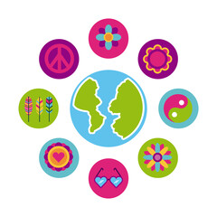 icons set hippie scenery world map cartoon vector illustration design graphic