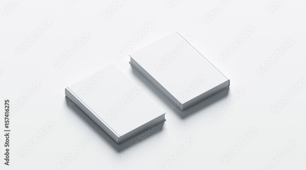 Poster blank white hardcover books mock up set, front and back side view, 3d rendering. empty notebook cove