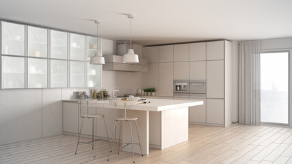 Unfinished project of modern kitchen with big window, sketch abstract interior design