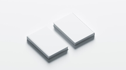 Blank white hardcover books mock up set, front and back side view, 3d rendering. Empty notebook cover mockups, isolated. Bookstore branding template. Plain textbook with clear binding. Booklet above