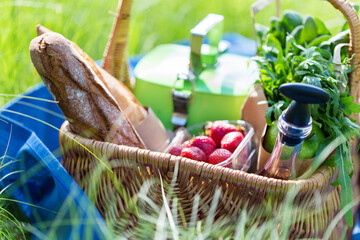 Summer basket for picnic  with wine, bread, fruits and snacks