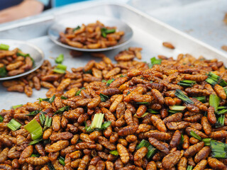 Fried bamboo worms in thai local market