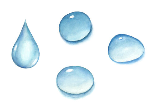 Set Of Watercolor Water Drops, Isolated On White Background