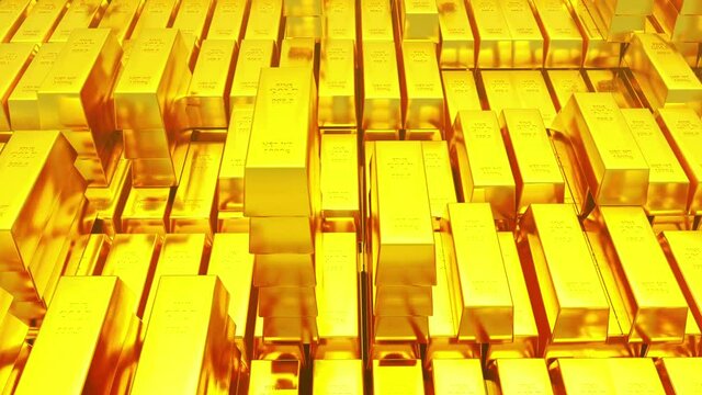4k Gold bullion gold bars treasury wealth Ingot luxury finance goods trading,3D animation of stacked gold bars.