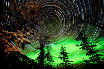 Star trails and Northern lights in sky over taiga