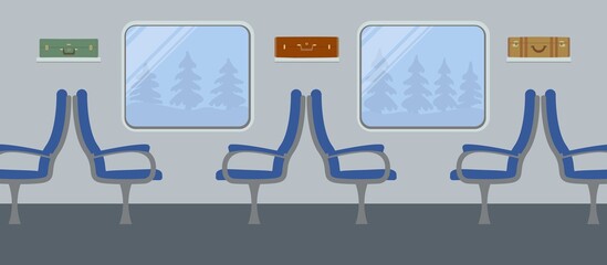 Interior of the train. Places in the train car. There are blue armchairs, windows, suitcases on the shelves in the picture. Outside the window are the trees. Vector illustration.