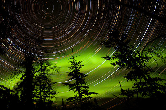 Star trails and Northern lights in sky over taiga