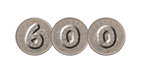 Obraz premium Number 600 with five pence coins