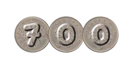 Number 700 with five pence coins