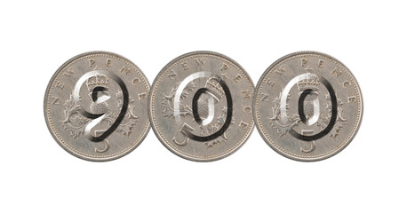 Number 900 with five pence coins