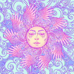 Seamless pattern. Fairytale style sun with a human face surrounded by birdwings arrangen in circular shape. Biblical Cherub. Decorative element for tattoo textile prints or greeting card design.