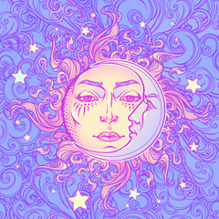 Seamless pattern. Fairytale style sun with a human face resting on a curly ornate cloud. Mandala tattoo. Decorative element for tattoo textile prints or greeting card design. EPS10 vector